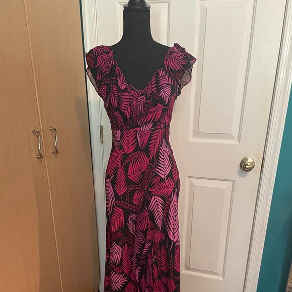 RIXO Antoinette Pink Palm Print Frilly Sleeve 100% Silk Midi Dress (Size S/P) - Picture 3 of 16